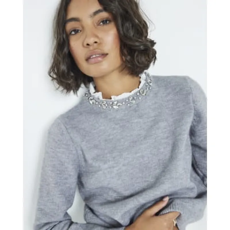 Grey Embellished Collar Knitted Top sold by River Island