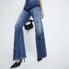 Blue Denim Relaxed Straight Embellished Jeans sold by River Island