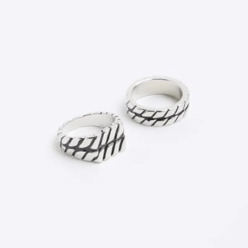 2 Pack silver colour textured rings sold by River Island