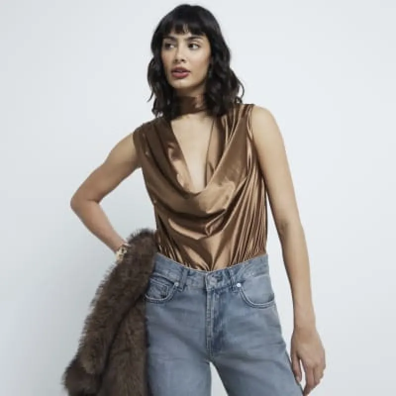 Brown High Neck Cowl Bodysuit sold by River Island