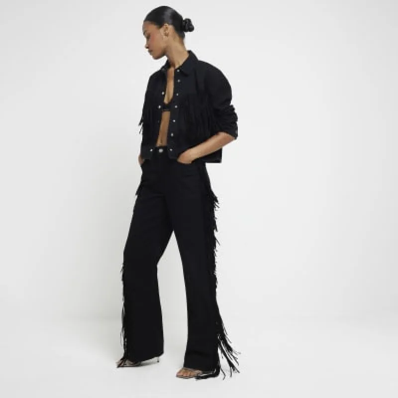 Black Relaxed Straight Leg Tassel Jeans sold by River Island