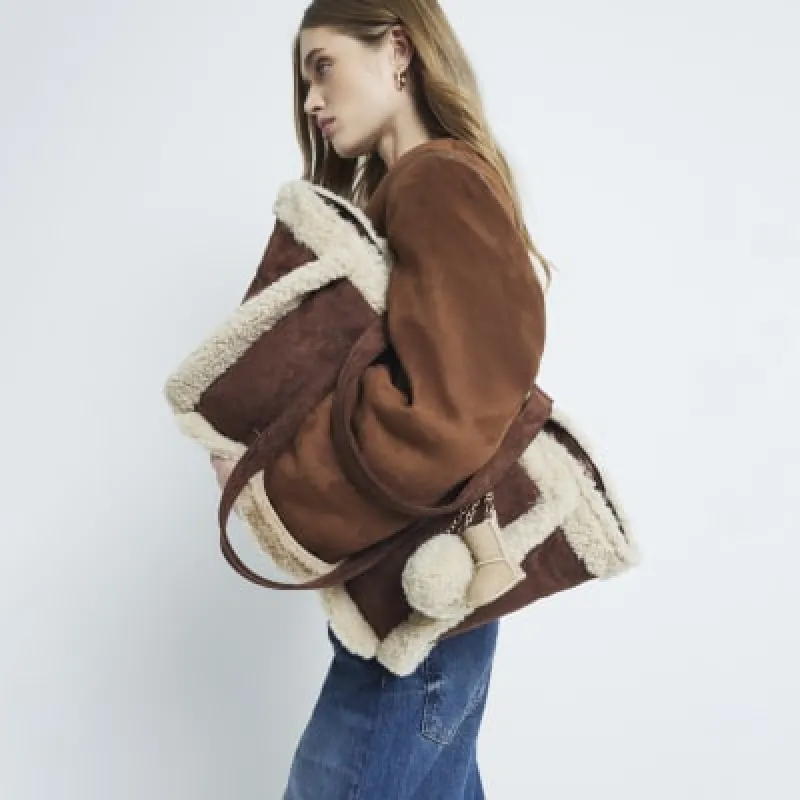 Brown Faux Fur Trim Charm Shopper Bag sold by River Island