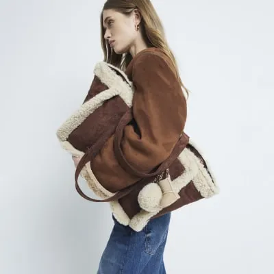 Brown Faux Fur Trim Charm Shopper Bag sold by River Island