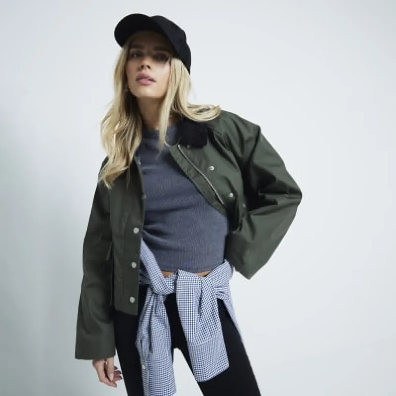 Petite Khaki Waxed Collar Jacket sold by River Island