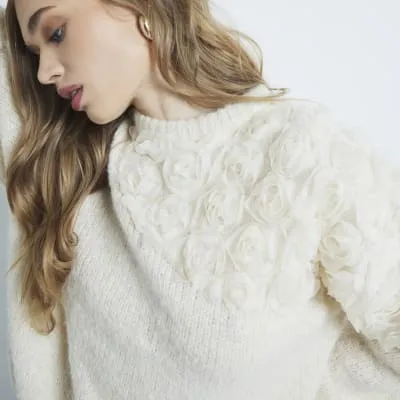 Cream Long Sleeve 3D Floral Shoulder Jumper sold by River Island