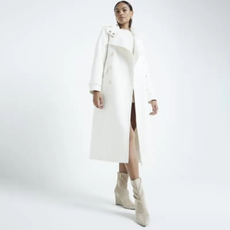 Cream Wool Belted Military Coat sold by River Island