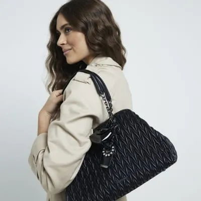 Black Scrunch Quilted Charm Tote Bag sold by River Island