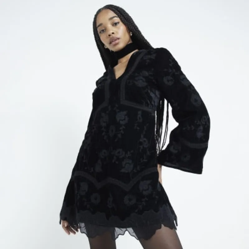 Black Velvet Embroidered Mini Dress sold by River Island