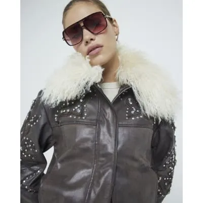 Brown Real shearling leather Bomber Jacket sold by River Island