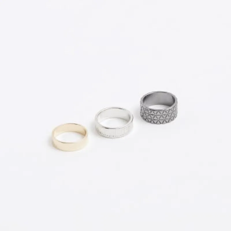 3 Pack silver colour textured rings sold by River Island