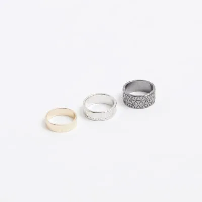 3 Pack silver colour textured rings sold by River Island