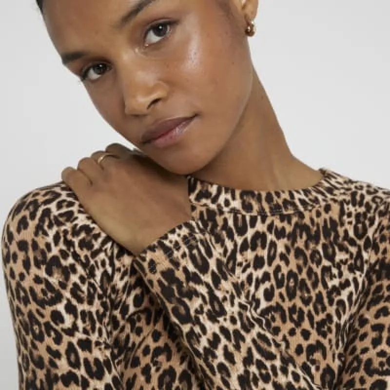 Brown Leopard Ribbed long sleeve top sold by River Island