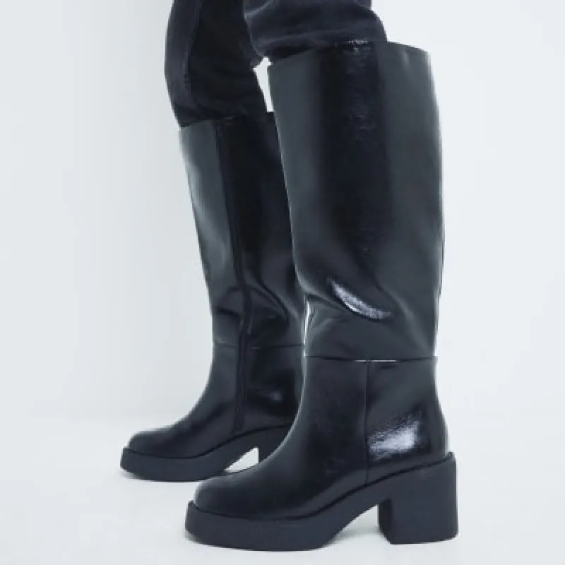 Black Faux Leather High Leg Boots sold by River Island