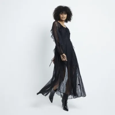 Black Lace Long Sleeve Frill Maxi Dress sold by River Island