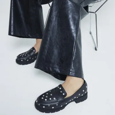 Black Faux Leather Stud Chunky Loafers sold by River Island