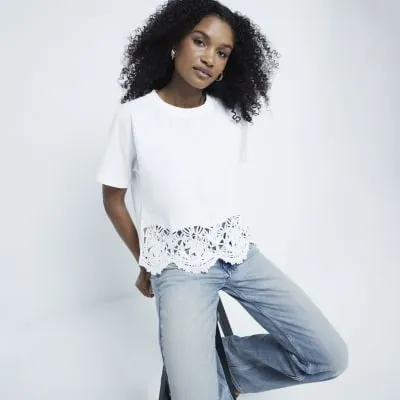 Cream Short Sleeve Crochet Trim Hem T-Shirt sold by River Island