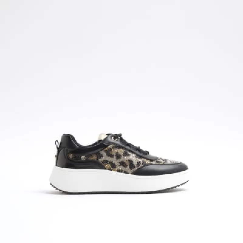 Black Leopard Print Lace Up Trainers sold by River Island