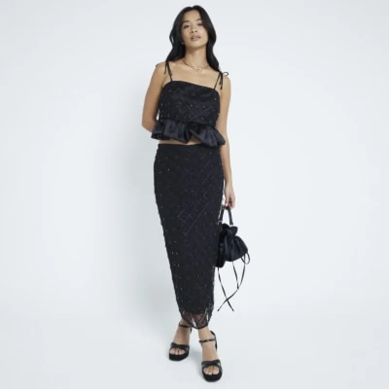 Petite Black Beaded Bubble Hem Cami Top sold by River Island