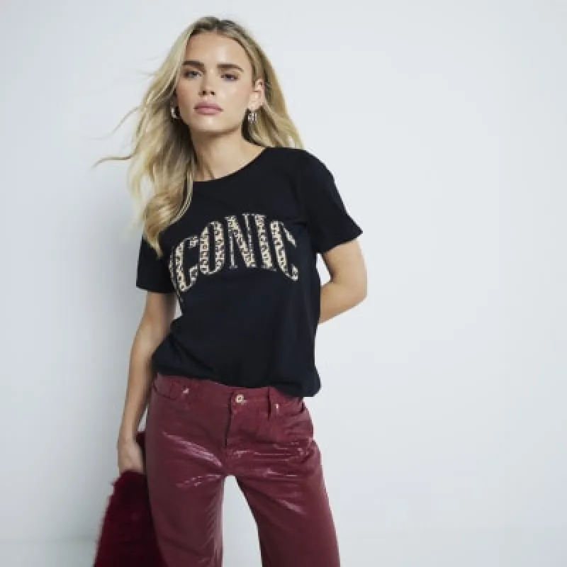 Petite Black Leopard Iconic T-Shirt sold by River Island