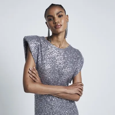 Silver Sequin Shoulder Padded Mini Dress sold by River Island