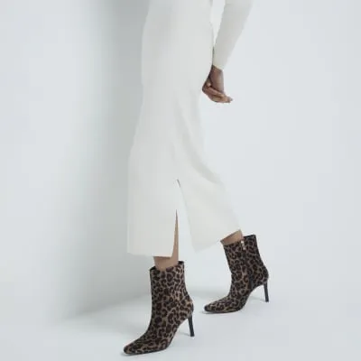 Beige Leopard Print Heeled Ankle Boots sold by River Island