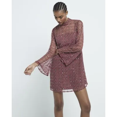 Red Embellished Mesh Mini Dress sold by River Island