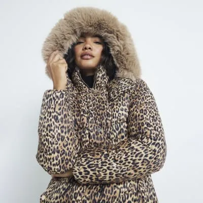 Brown Faux Fur Leopard Puffer Jacket sold by River Island