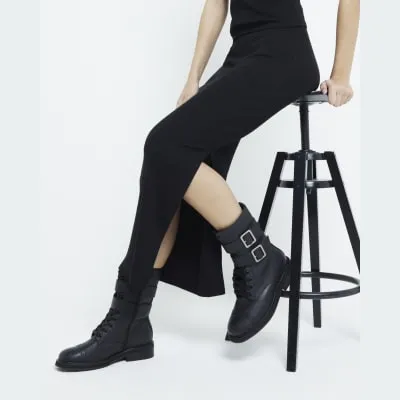 Black Double Buckle Lace Up Boots sold by River Island