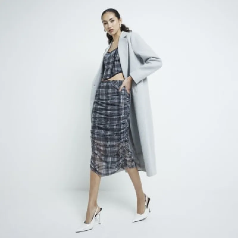 Grey Mesh Check Ruched Pencil Midi Skirt sold by River Island