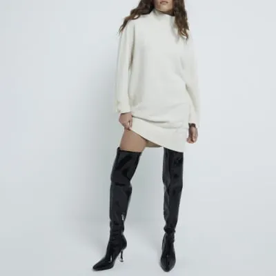 Black Patent Over The Knee Heeled Boots sold by River Island