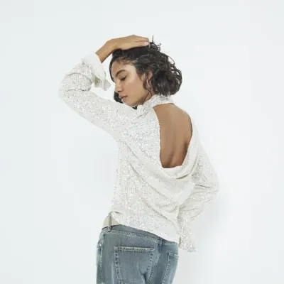 Silver Long Sleeve Sequin Open Back Top sold by River Island