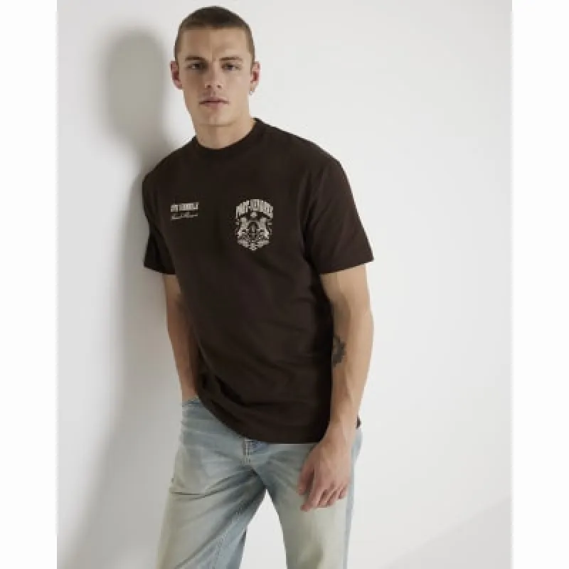 Brown regular fit embossed graphic t-shirt sold by River Island