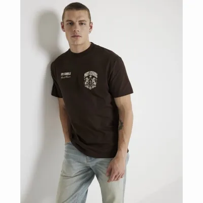 Brown regular fit embossed graphic t-shirt sold by River Island