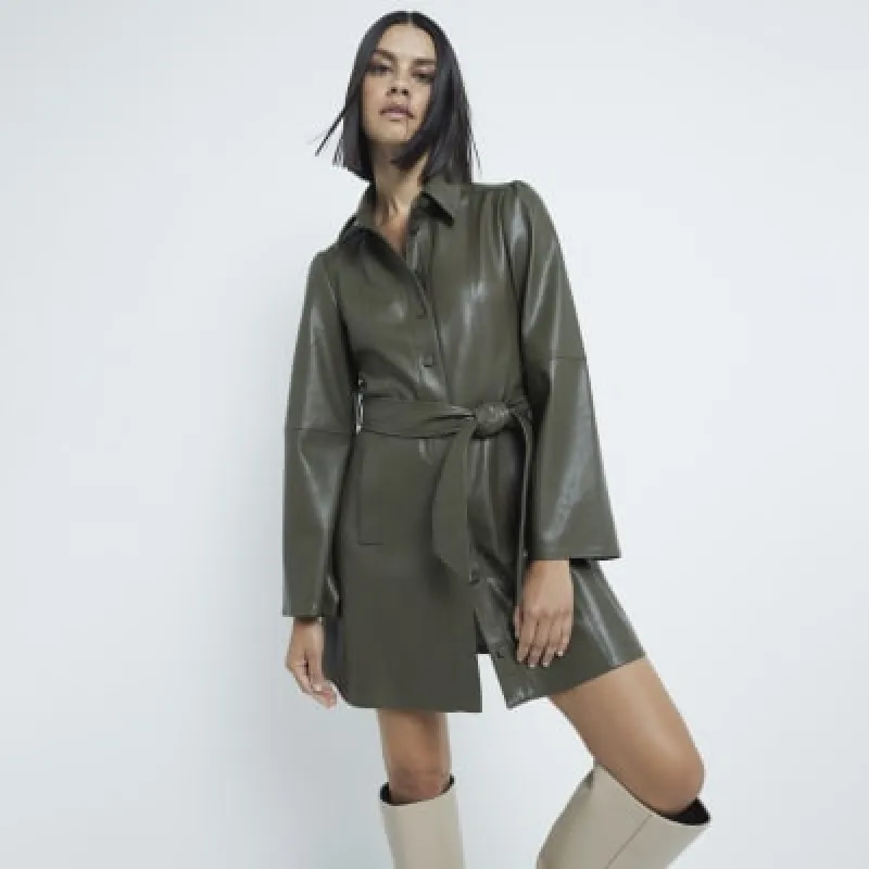 Khaki Faux Leather Long Sleeve Shirt Dress sold by River Island