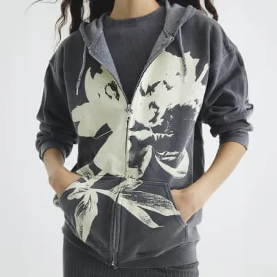 Grey Floral Zip Up Hoodie sold by River Island
