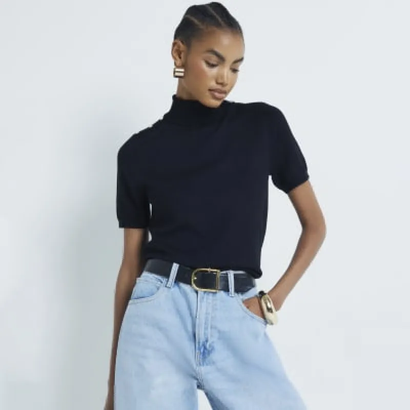 Black Roll Neck Button Shoulder T-Shirt sold by River Island