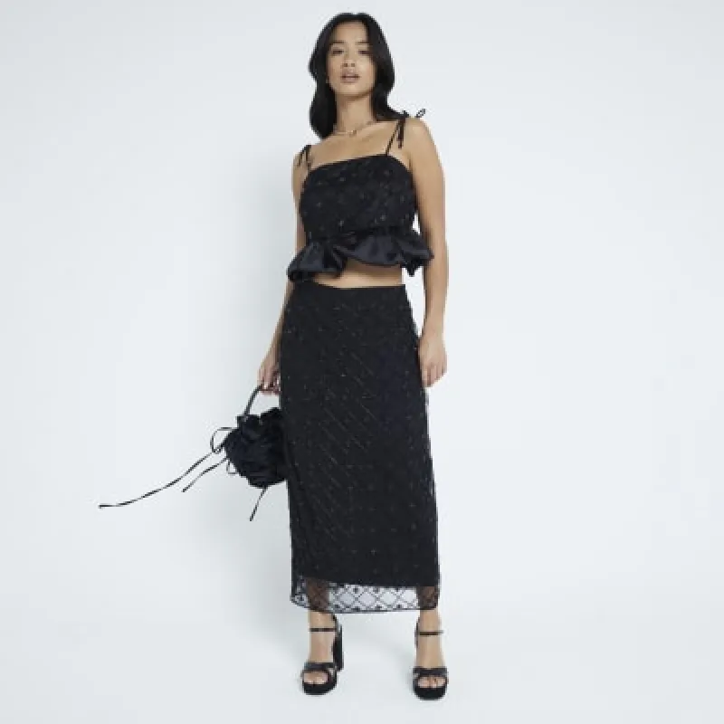 Petite Black Satin Beaded Midi Skirt sold by River Island
