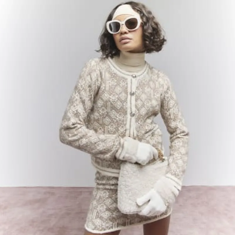 Beige Geometric Lurex Knit Cardigan sold by River Island