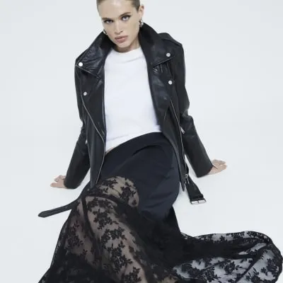 Black Satin Lace Midi Skirt sold by River Island