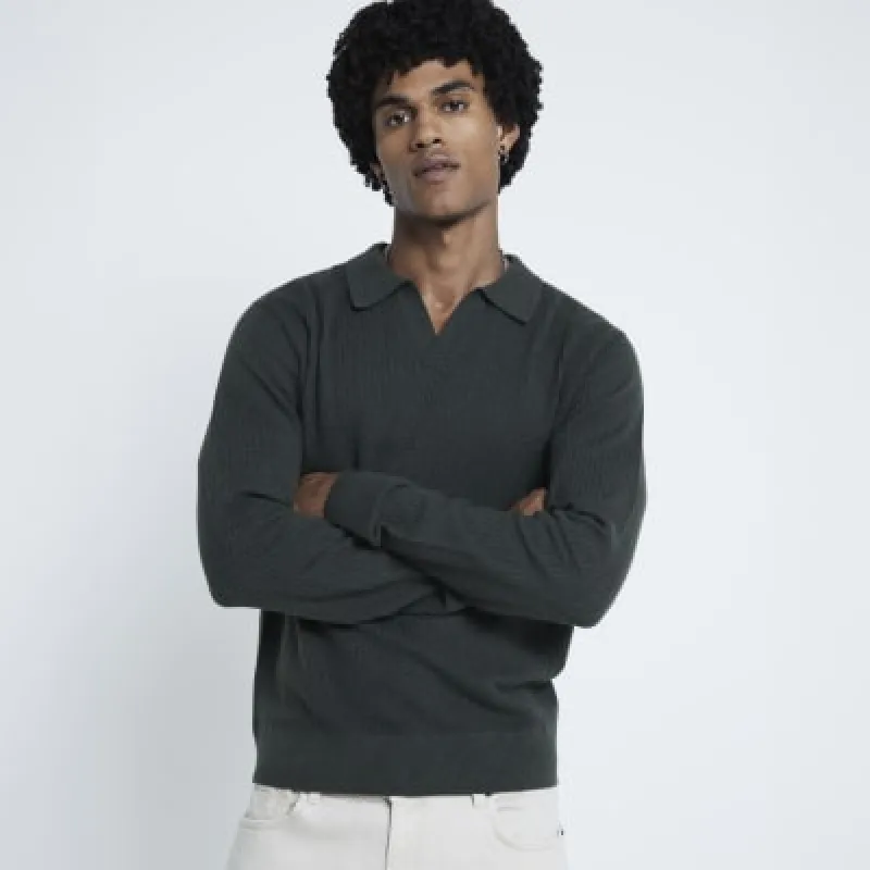 Khaki Textured Slim Fit Polo Jumper sold by River Island