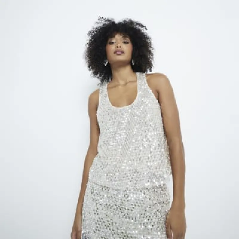 Cream Sequin Tank Top sold by River Island