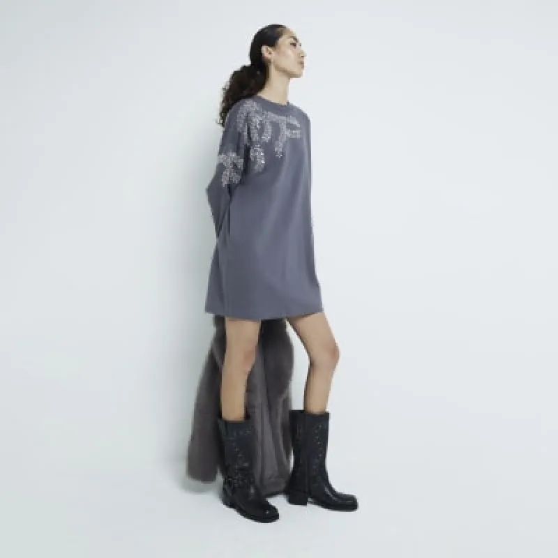 Grey Embellished Leaf Sweatshirt Dress sold by River Island