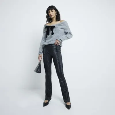 Black High Waisted Snake Flared Trousers sold by River Island