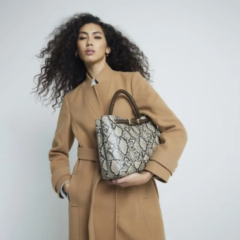 Beige Snake Skin Print Buckle Tote Bag sold by River Island