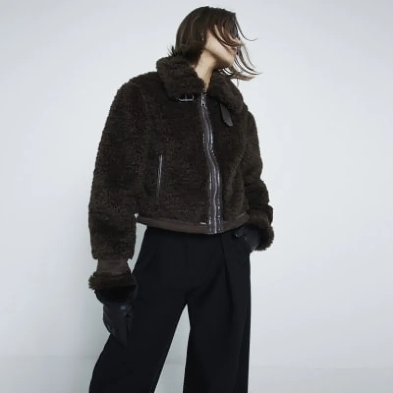 Brown Borg Trim Collared Jacket sold by River Island