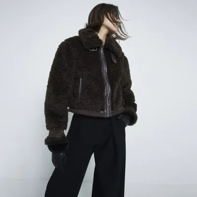 Brown Borg Trim Collared Jacket sold by River Island