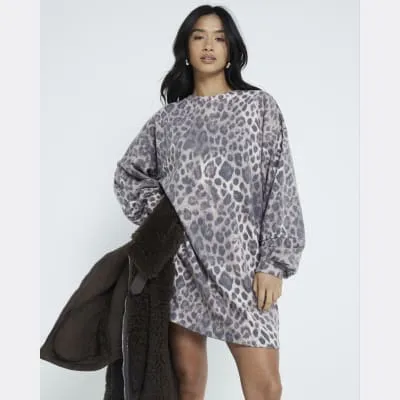 Petite Brown Leopard Mini Sweatshirt Dress sold by River Island