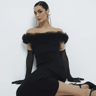 Black Ruffle Bardot Midi Bodycon Dress sold by River Island