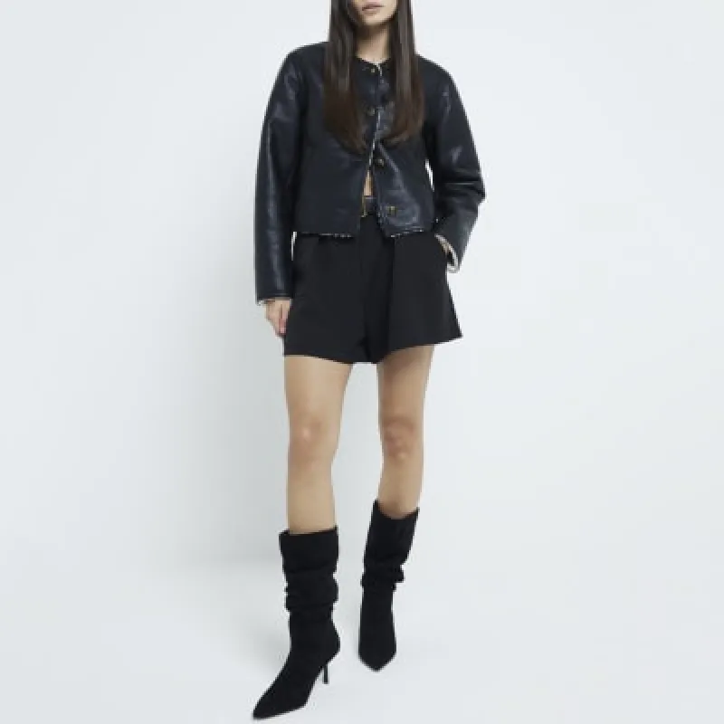 Black Suede Slouch High Leg Heeled Boots sold by River Island