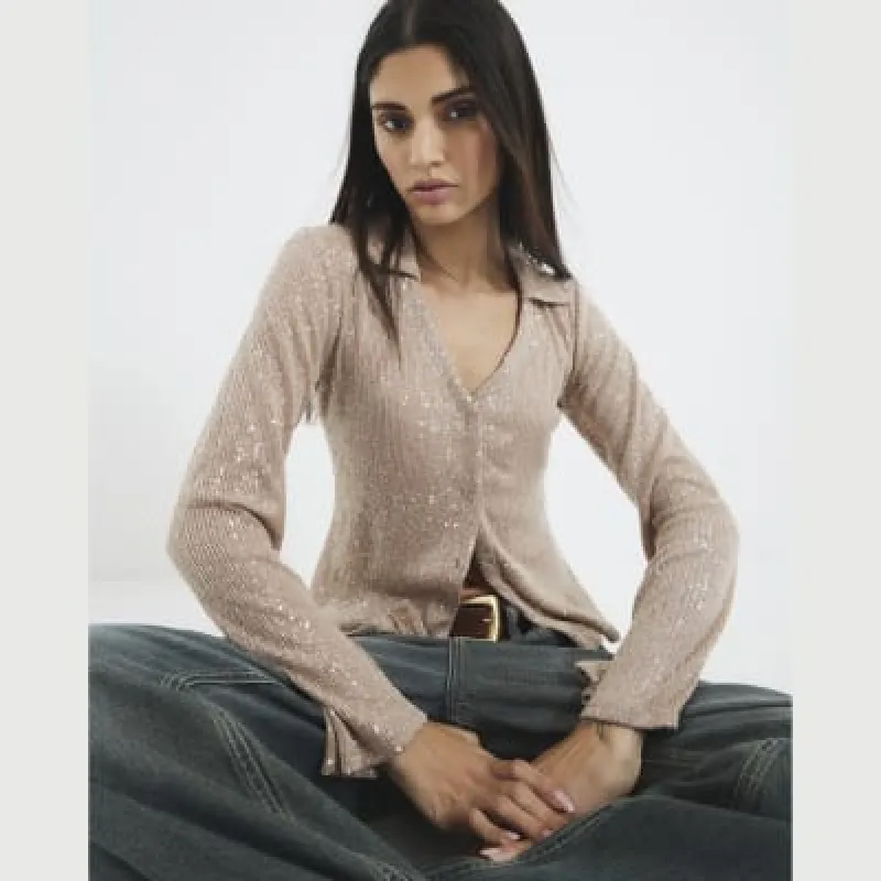 Beige Sequin Long Sleeve Shirt sold by River Island